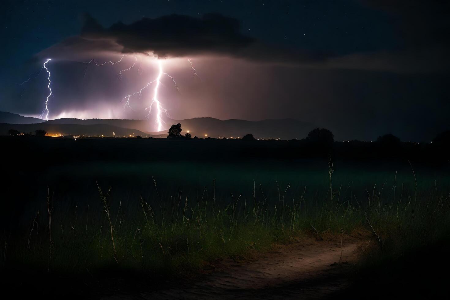 ai genererad blixt- strejker över en fält på natt foto