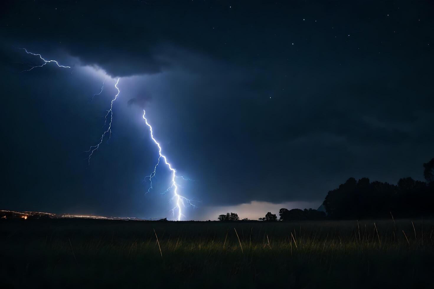 ai genererad blixt- strejker över en fält på natt foto