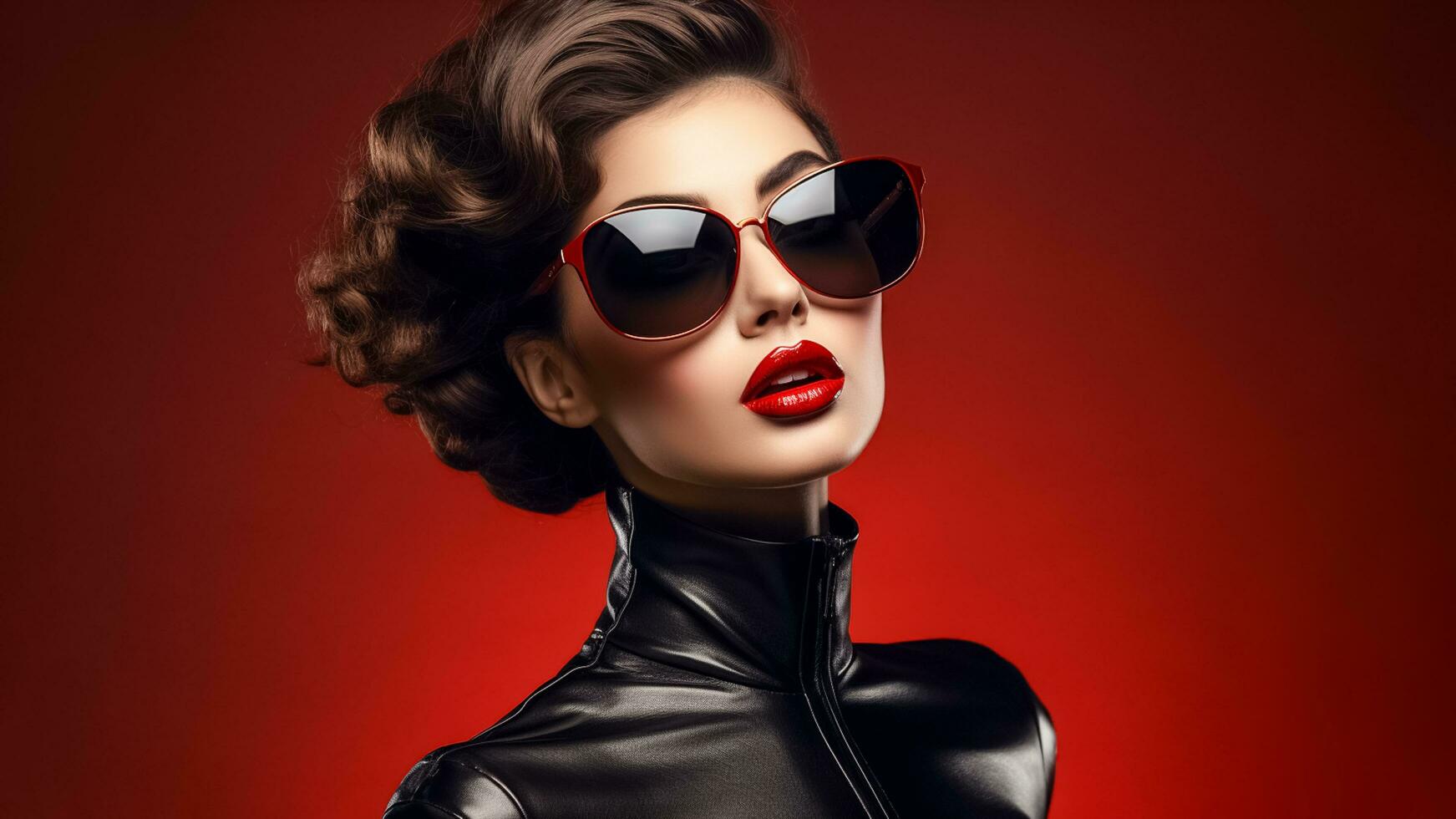 ai genererad Foto porträtt av Häftigt kvinna med solglasögon och svart jacka på röd bakgrund ai genererad