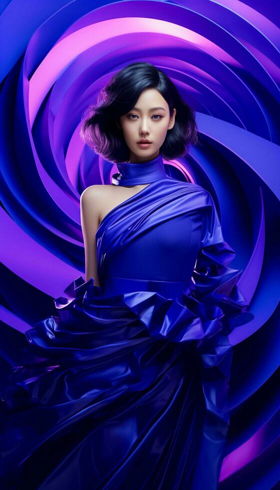 ai genererad Foto av skön asiatisk modell bär metavers trogen mode. cyberpunk kvinna ai genererad