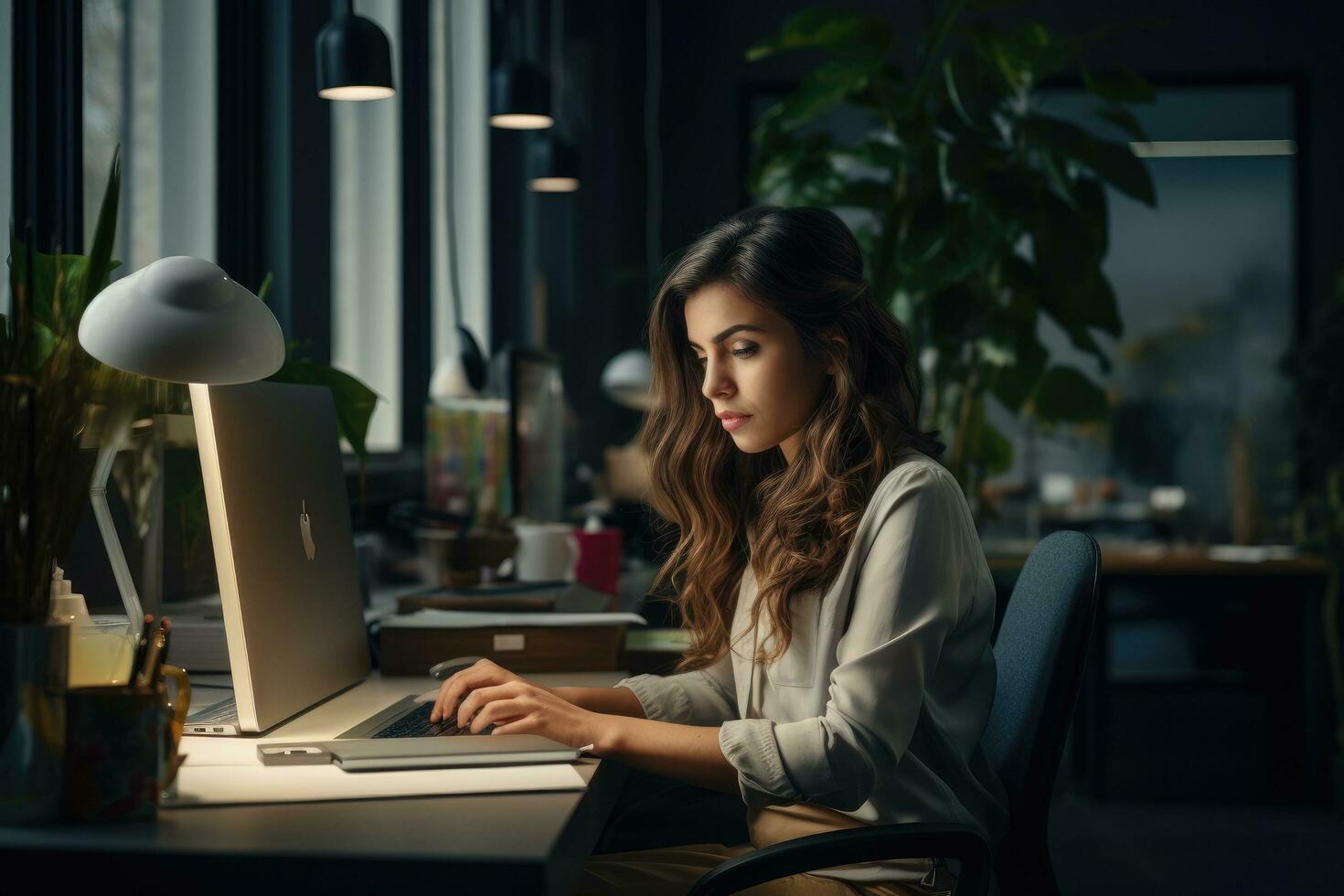 ai genererad porträtt av ung affärskvinna arbetssätt på bärbar dator på natt i kontor, en ung kvinna arbetssätt i de kontor, ai genererad foto