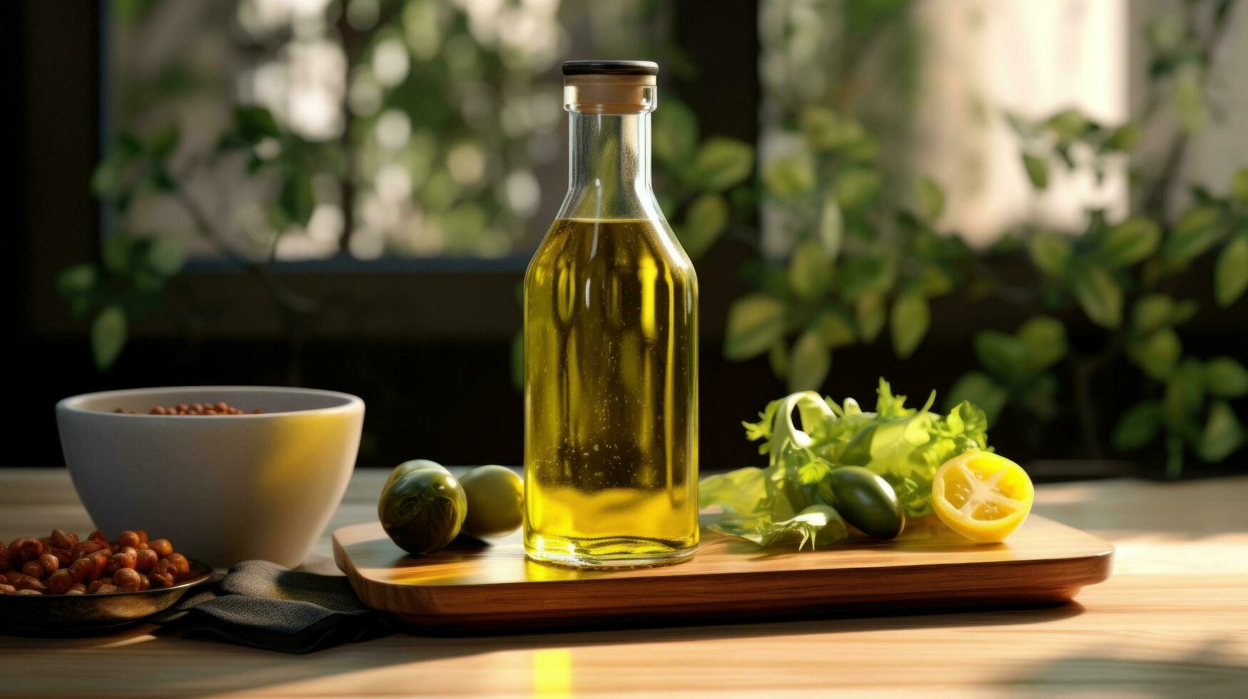 ai genererad oliv olja och färsk grön oliver på de grön gräs foto