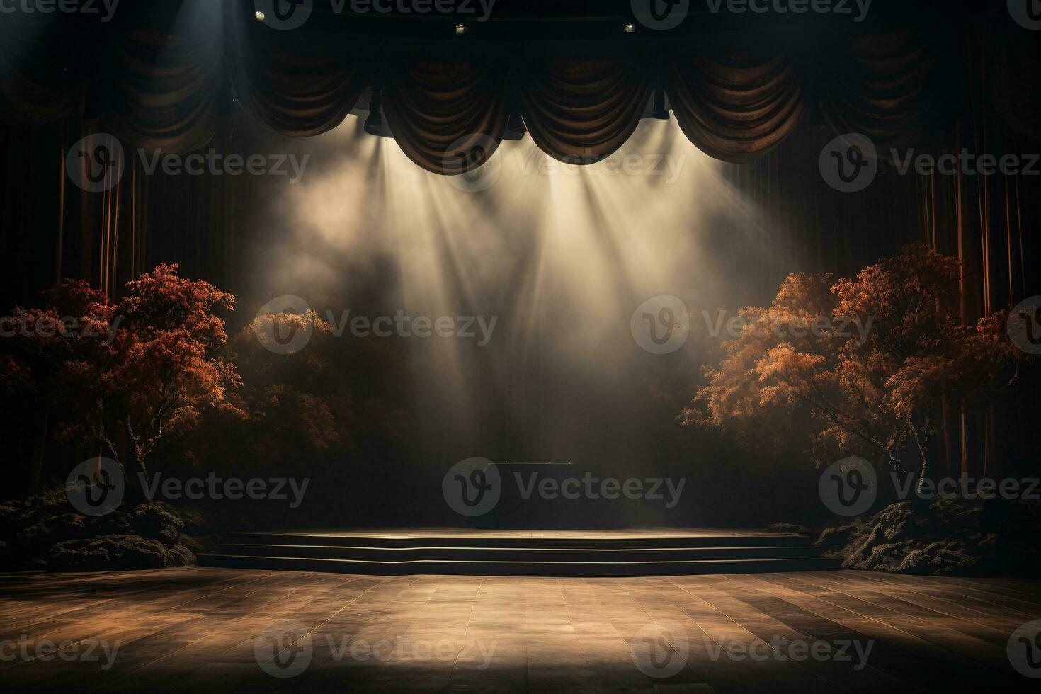 ai genererad teater skede ljus bakgrund med strålkastare upplyst de skede för opera prestanda. tömma skede med värma atmosfär färger, dimma, rök, bakgrund dekoration. underhållning show. foto