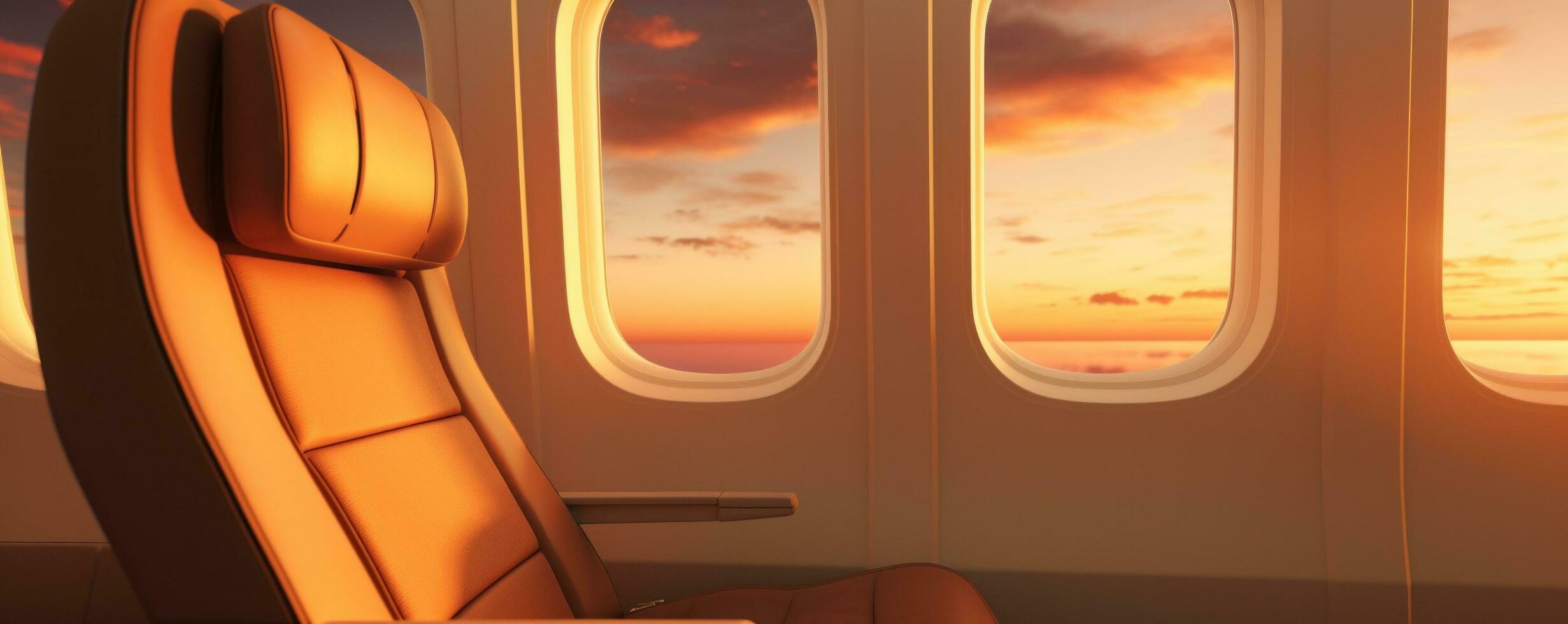 ai genererad ett flygplan sittplats med fönster på solnedgång foto