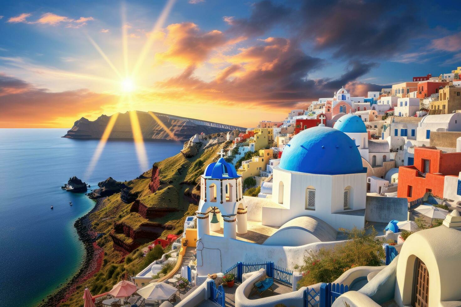 ai genererad skön solnedgång över oia by på santorini ö, Grekland, skön se av kyrkor i oia by, santorini ö i grekland på solnedgång, med en dramatisk himmel, ai genererad foto