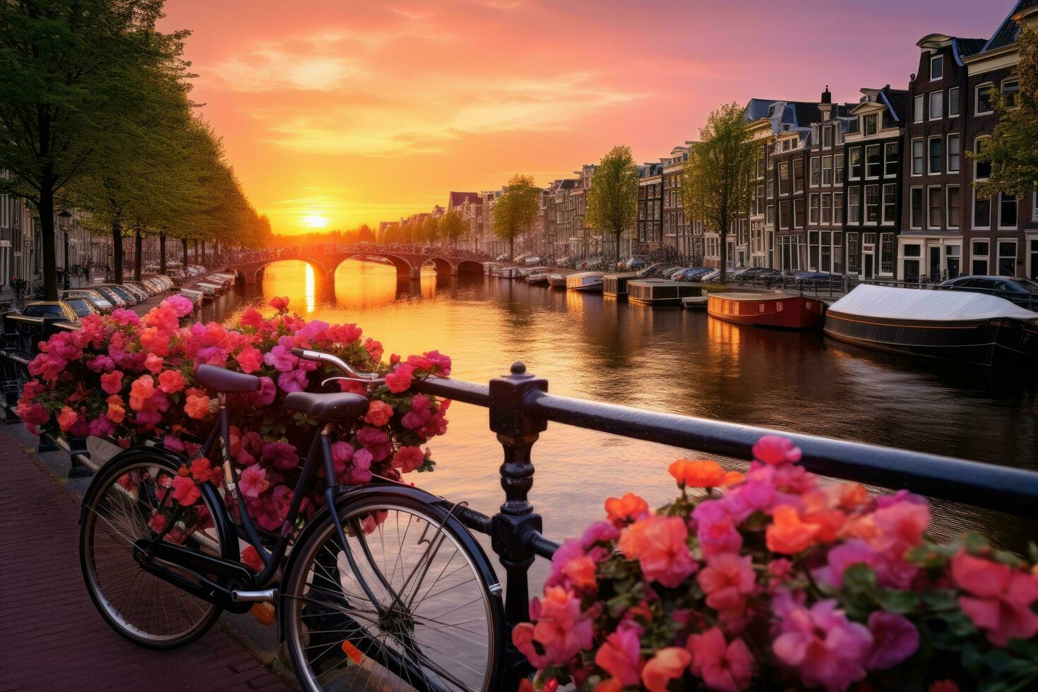 ai genererad amsterdam kanaler med cyklar och blommor på solnedgång. holland, skön soluppgång över amsterdam, de Nederländerna, med blommor och cyklar på de bro i vår, ai genererad foto