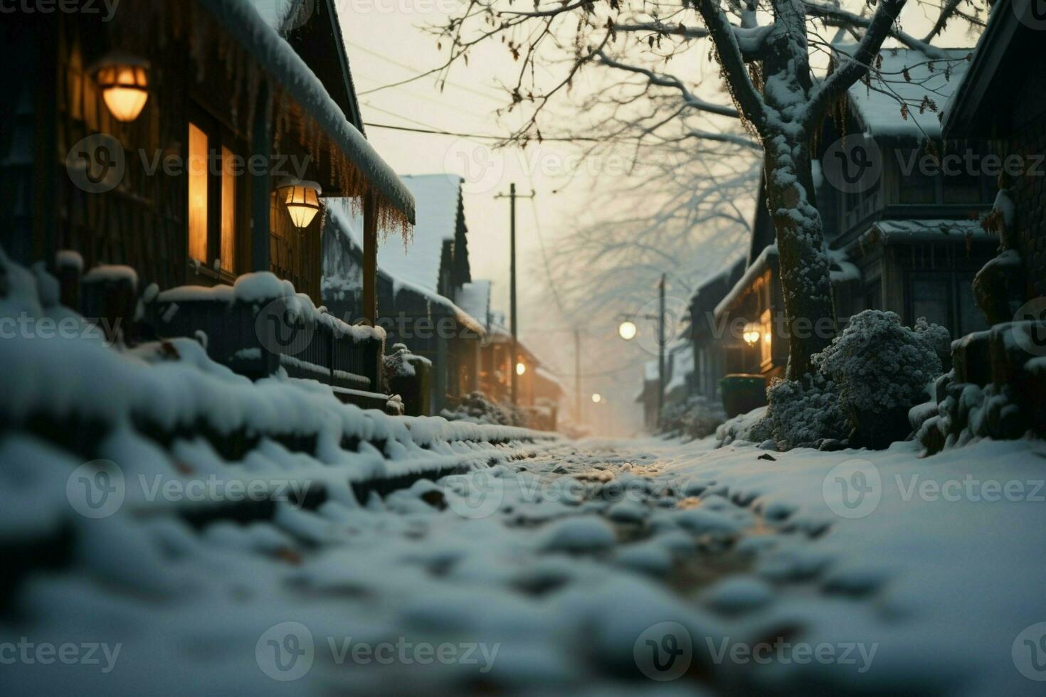 ai genererad tyst gata under en mjuk snöfall, delikat flingor nedåtgående försiktigt foto