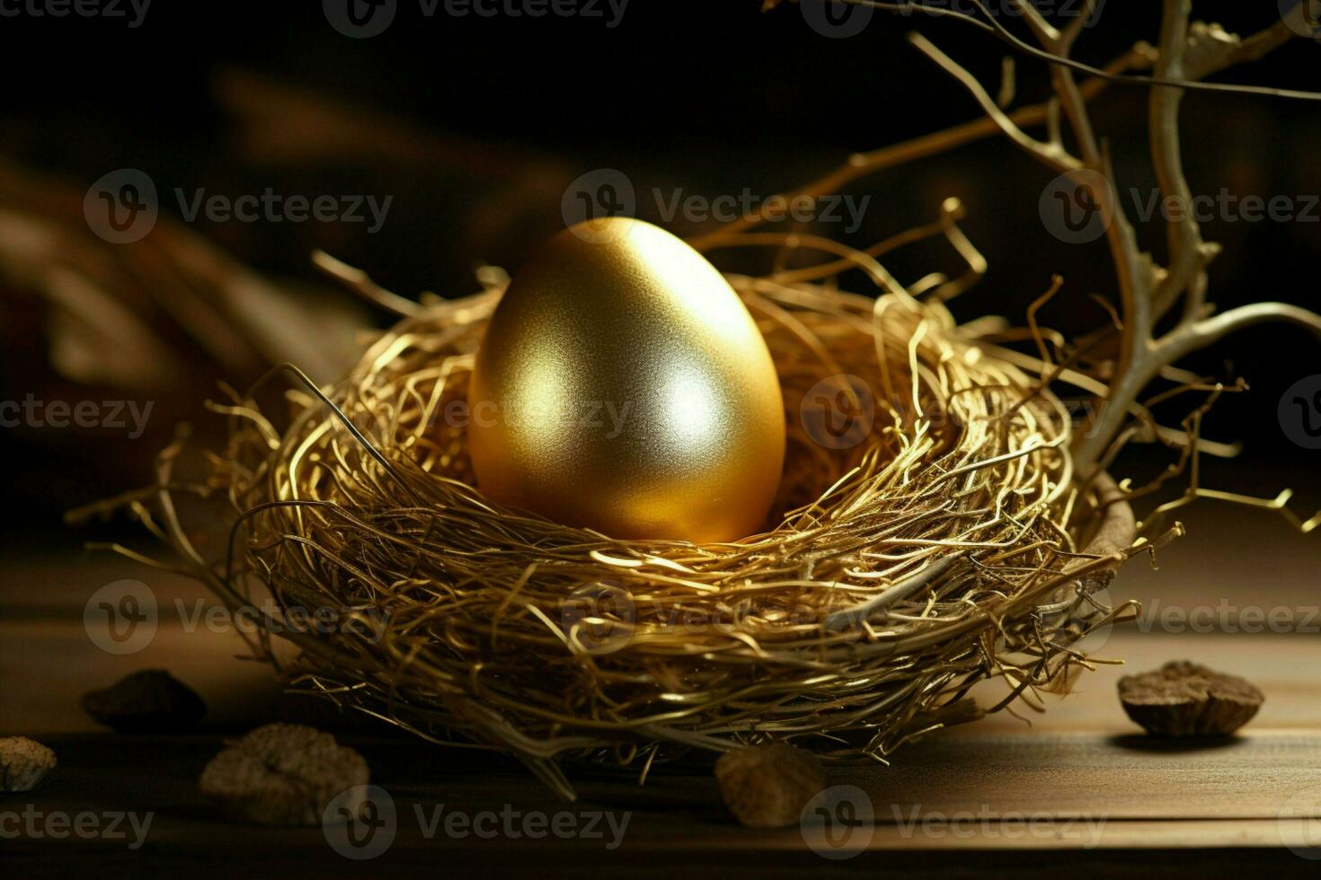 ai genererad elegant charm gyllene ägg skimrar vackert inom de fågel bo foto