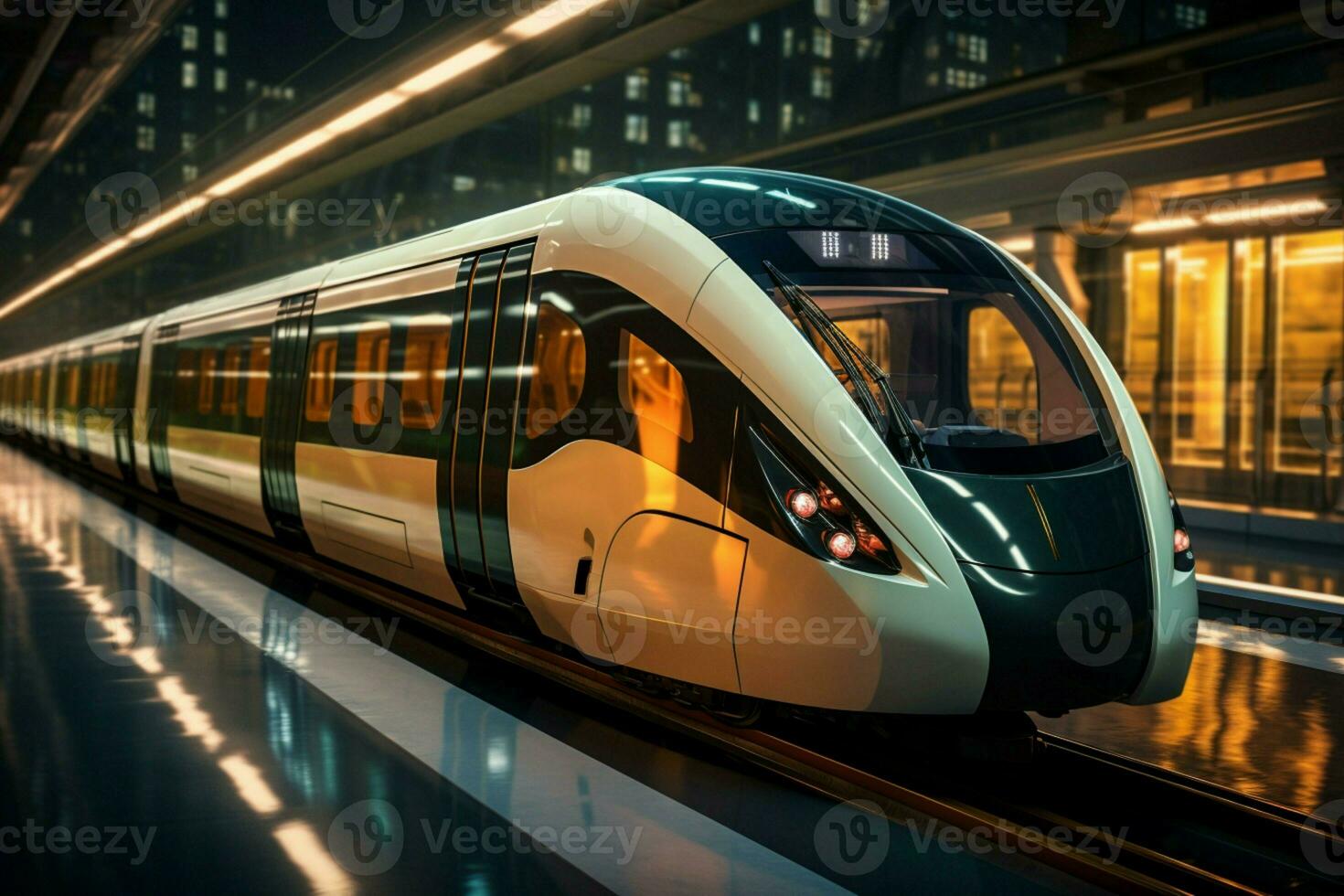 ai genererad modern förundras elegant tåg glider genom tunnelbana station, effektiv transport foto