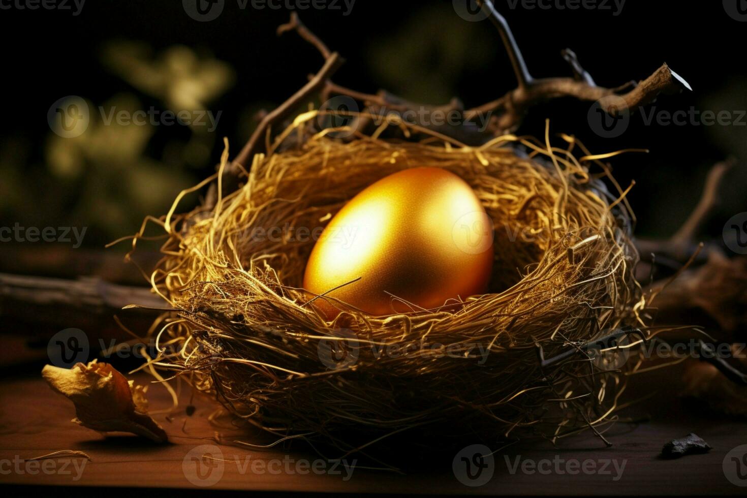 ai genererad lysande gyllene ägg lägger till magi, inbäddat bland delikat fågel bo foto