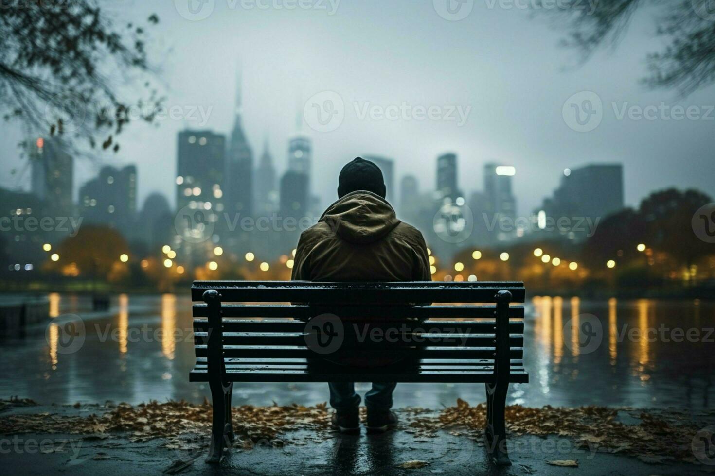 ai genererad bänk ensamhet person omfamnar regnig väder mot stad bakgrund foto