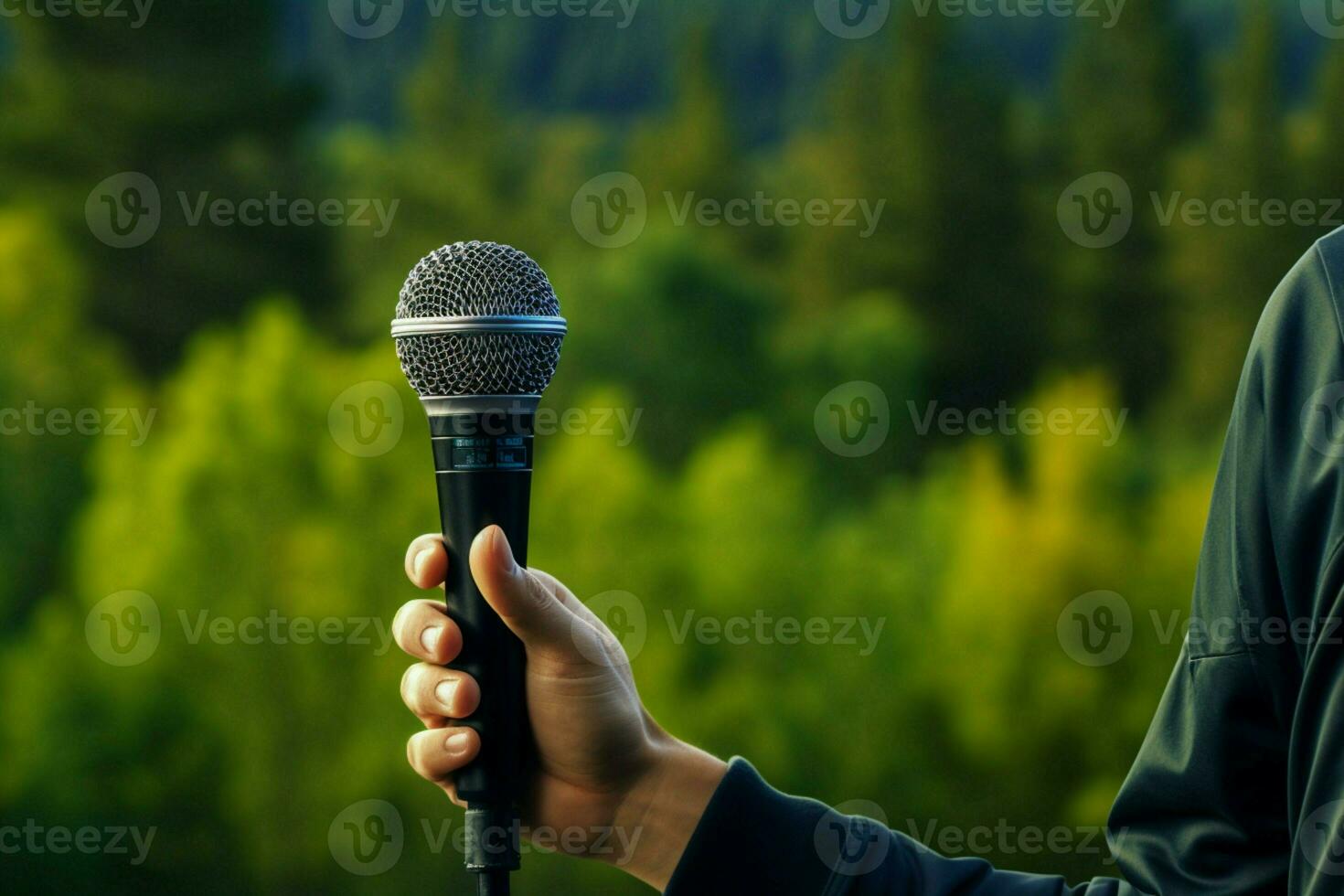 ai genererad miljö- röst hand innehar mikrofon mot grön skog bakgrund foto