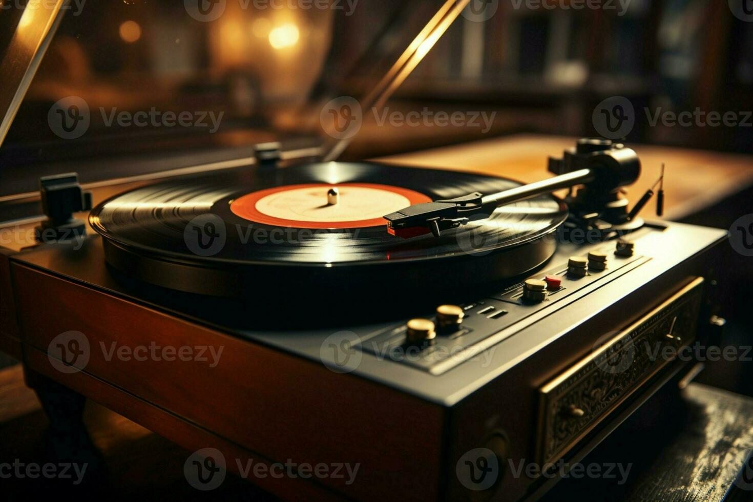 ai genererad nostalgisk vibrafon årgång vinyl snurrar på ett antik spela in spelare foto
