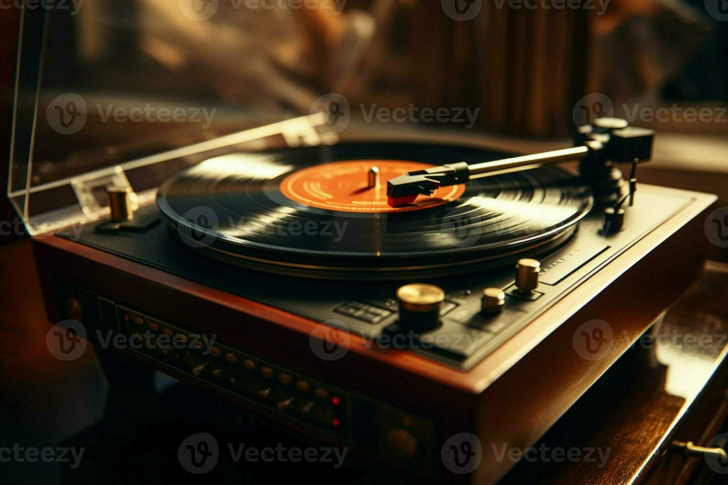 ai genererad nostalgisk vibrafon årgång vinyl snurrar på ett antik spela in spelare foto