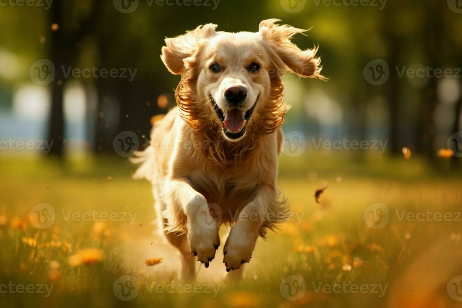 ai genererad energisk retriever gräns genom frodig fält, en gyllene strimma av glädje foto