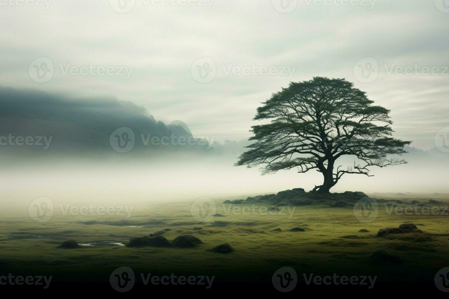 ai genererad majestätisk isolering en enslig träd framträder från de dimma ensam foto