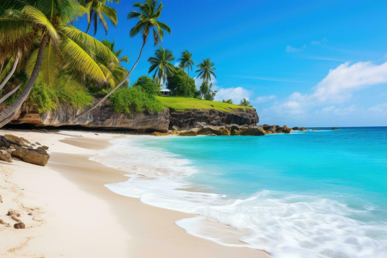 ai genererad skön strand anse lazio på Seychellerna - natur bakgrund, botten bukt, barbados - paradis strand på de karibiska ö av Barbados, ai genererad foto