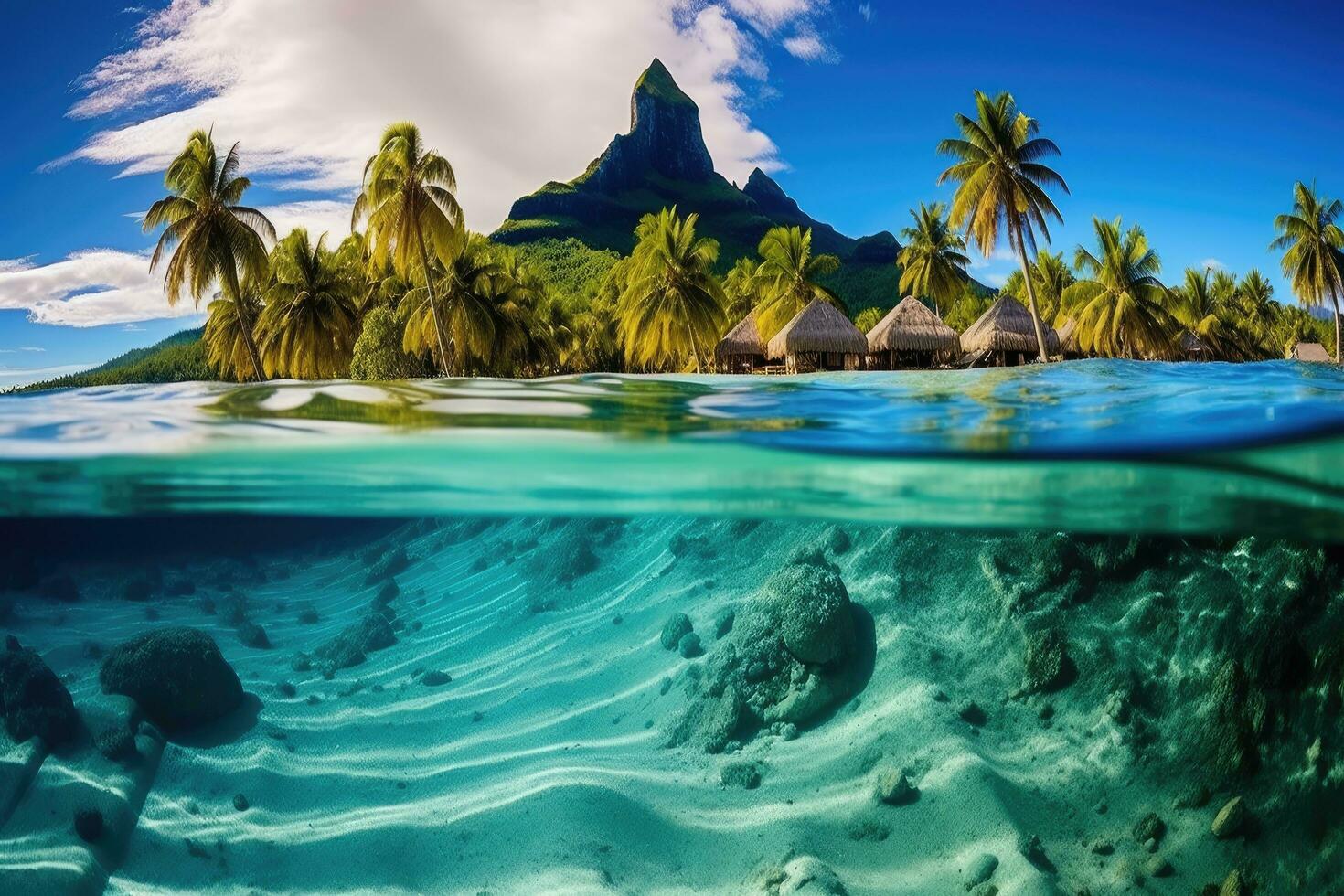 ai genererad tropisk ö med handflatan träd under vattnet, panorama- se, bora bora landskap, ai genererad foto