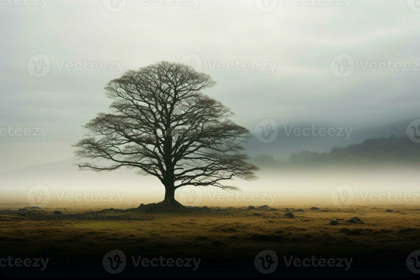 ai genererad dimmig atmosfär en enslig träd står lång i de öppen foto