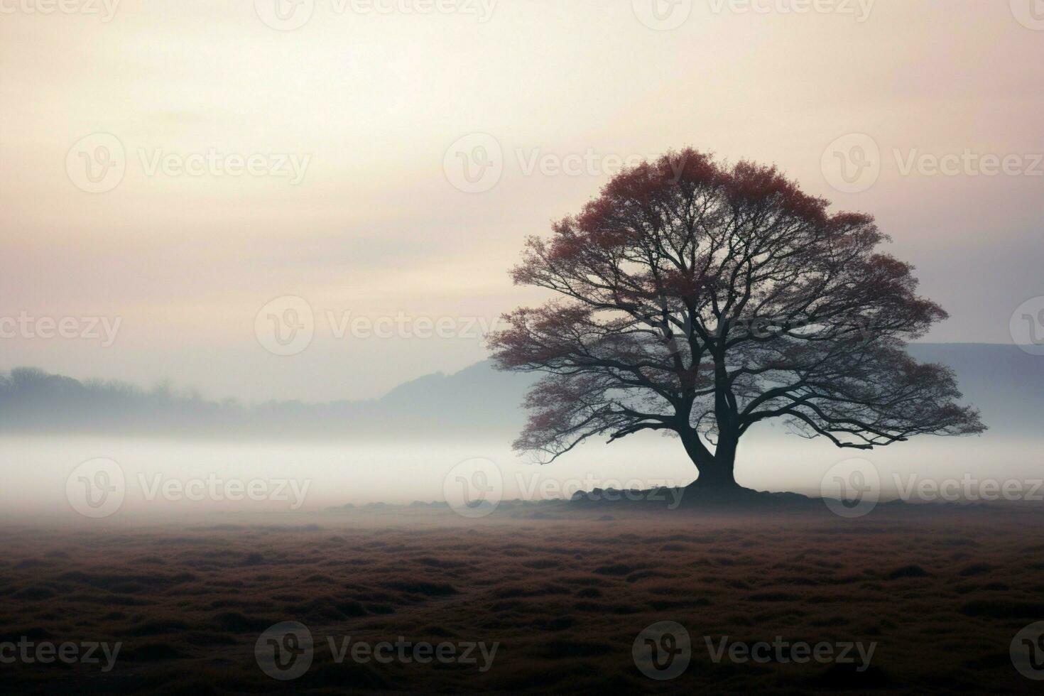 ai genererad eterisk skönhet enslig träd stiger från de dimma i ensamhet foto