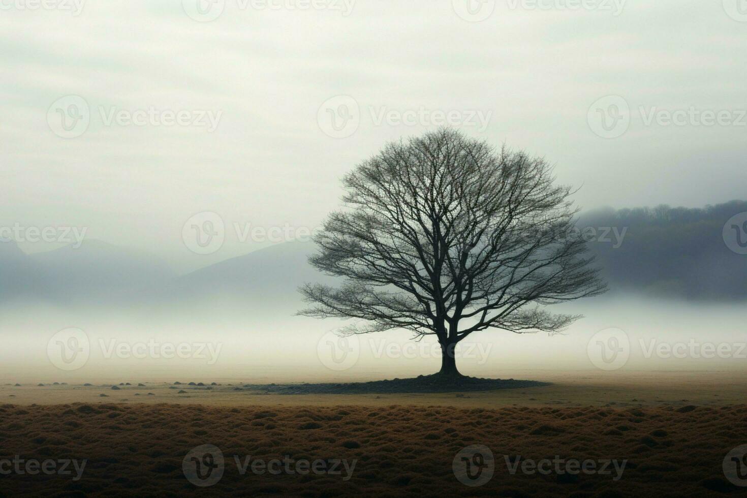 ai genererad dimmig atmosfär en enslig träd står lång i de öppen foto