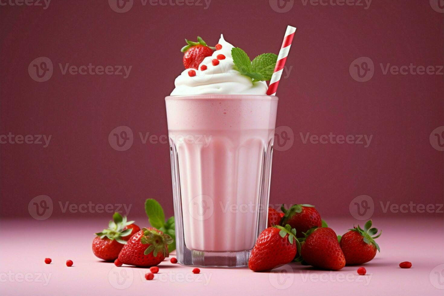 ai genererad krämig svalka rosa jordgubb milkshake, en uppfriskande sommar dryck glädje foto