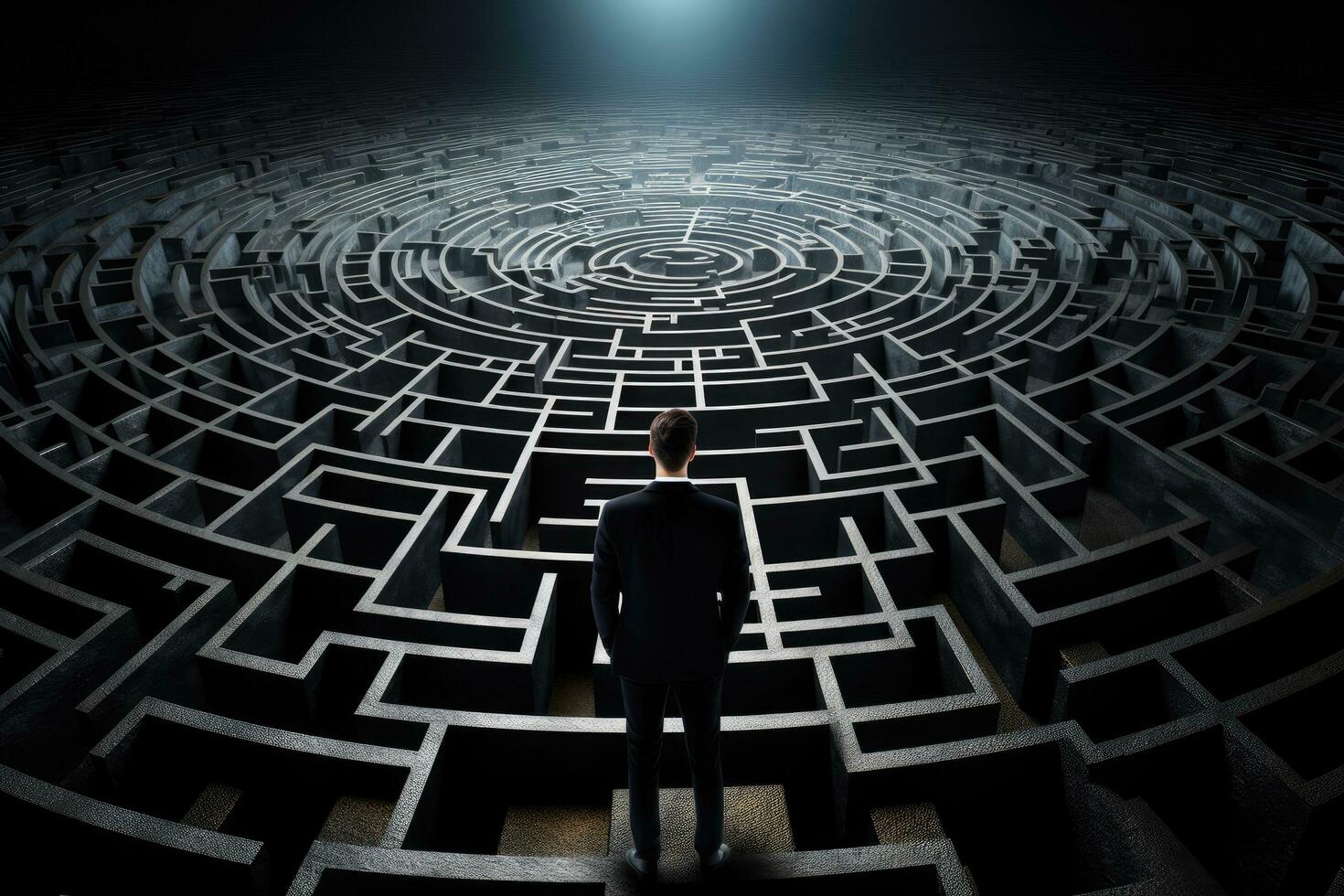 ai genererad affärsman stående i främre av en cirkulär labyrint ser på de utgång, affärsman vänd en stor labyrint på en svart bakgrund, ai genererad foto