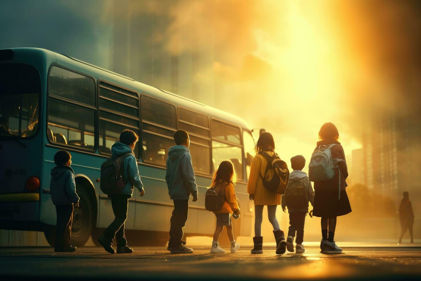 ai genererad digital målning av en skol Sammanträde på en skola buss med hans vänner, barn eller skolbarn på en suddig bakgrund av de buss, ai genererad foto