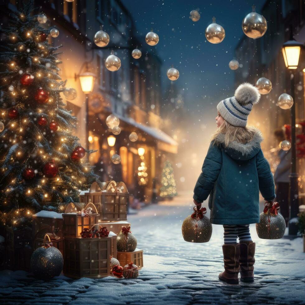ai genererad illustration av gammal europeisk stad på natt med jul dekorationer, jul och ny år högtider begrepp, ai genererad foto