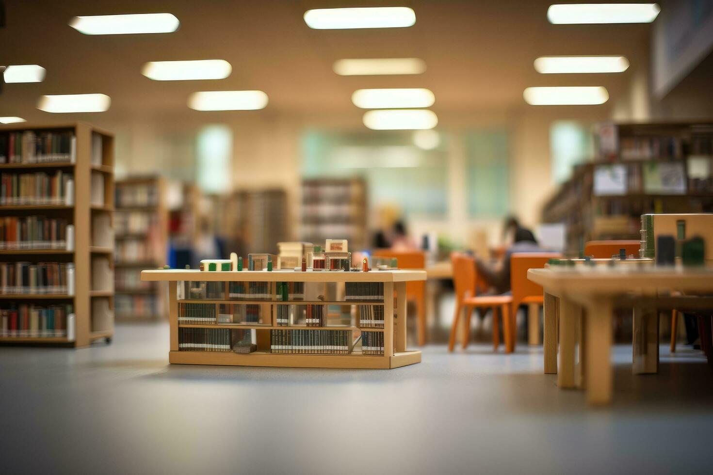 ai genererad bibliotek interiör med bokhyllor och bord, grund djup av fält, suddigt högskola bibliotek, bokhyllor och en klassrum i suddigt fokus, ai genererad foto