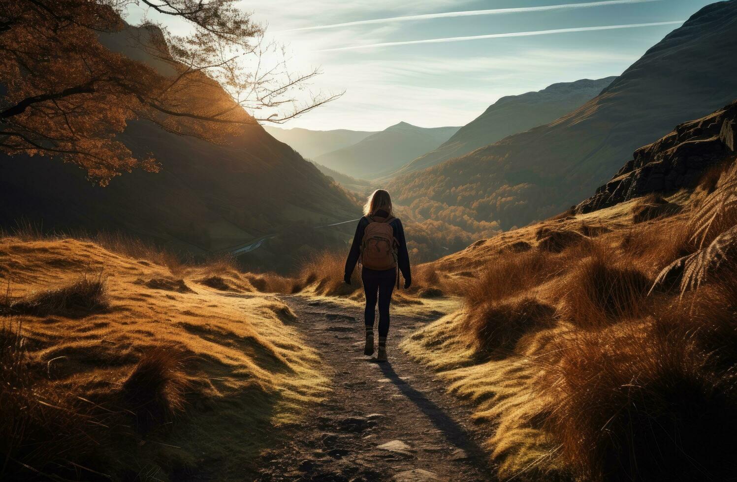 ai genererad en kvinna är gående på en väg nära en berg i de bergen foto