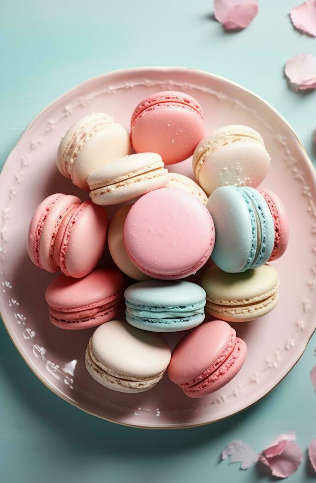 ai genererad nio små rosa och blå macaroons sitta på en tallrik i främre av ett tömma tallrik foto