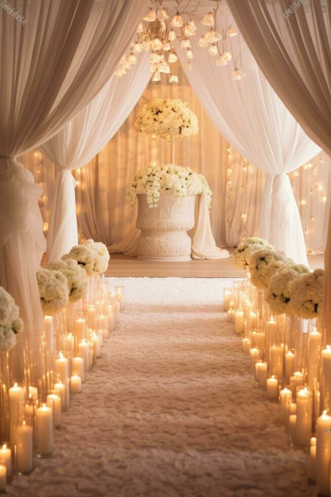 ai genererad romantisk bröllop atmosfär med ringar, spets, och riklig Plats för evig löften foto