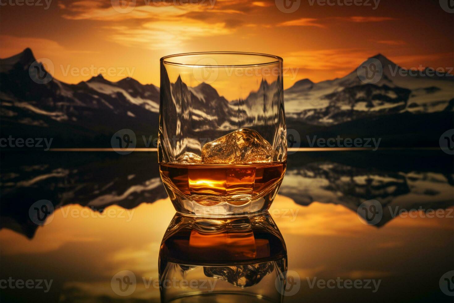 ai genererad glas av whisky med is på de bakgrund av bergen och solnedgång. foto