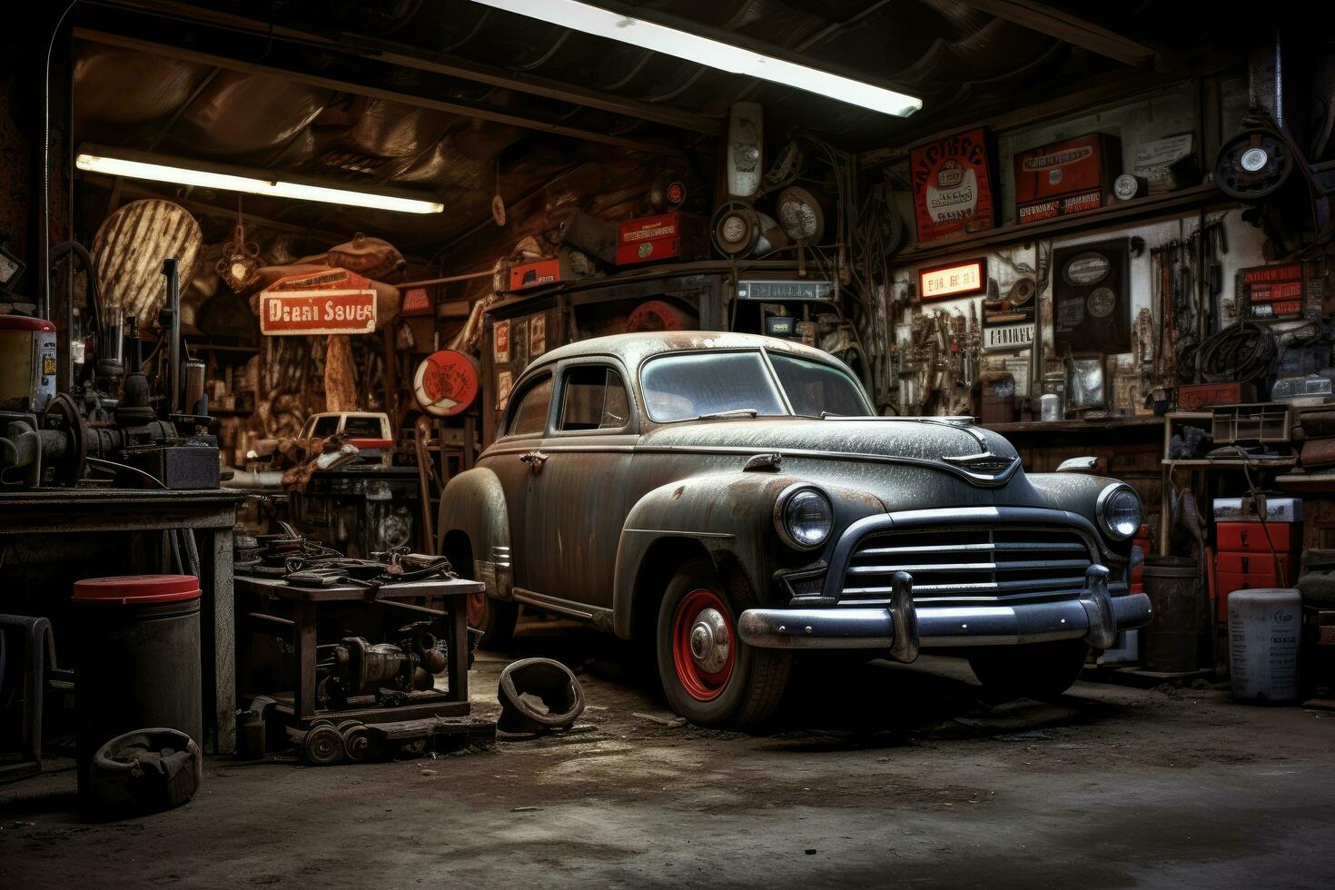 ai genererad gammal bil i en garage, retro stil, tonad bild, bil- reparera affär, ai genererad foto