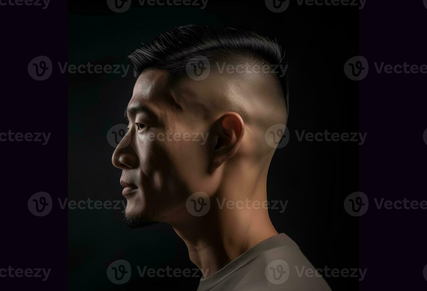 ai genererad porträtt av ett asiatisk man i profil med en modern frisyr på en mörk bakgrund. kommersiell fotografi foto