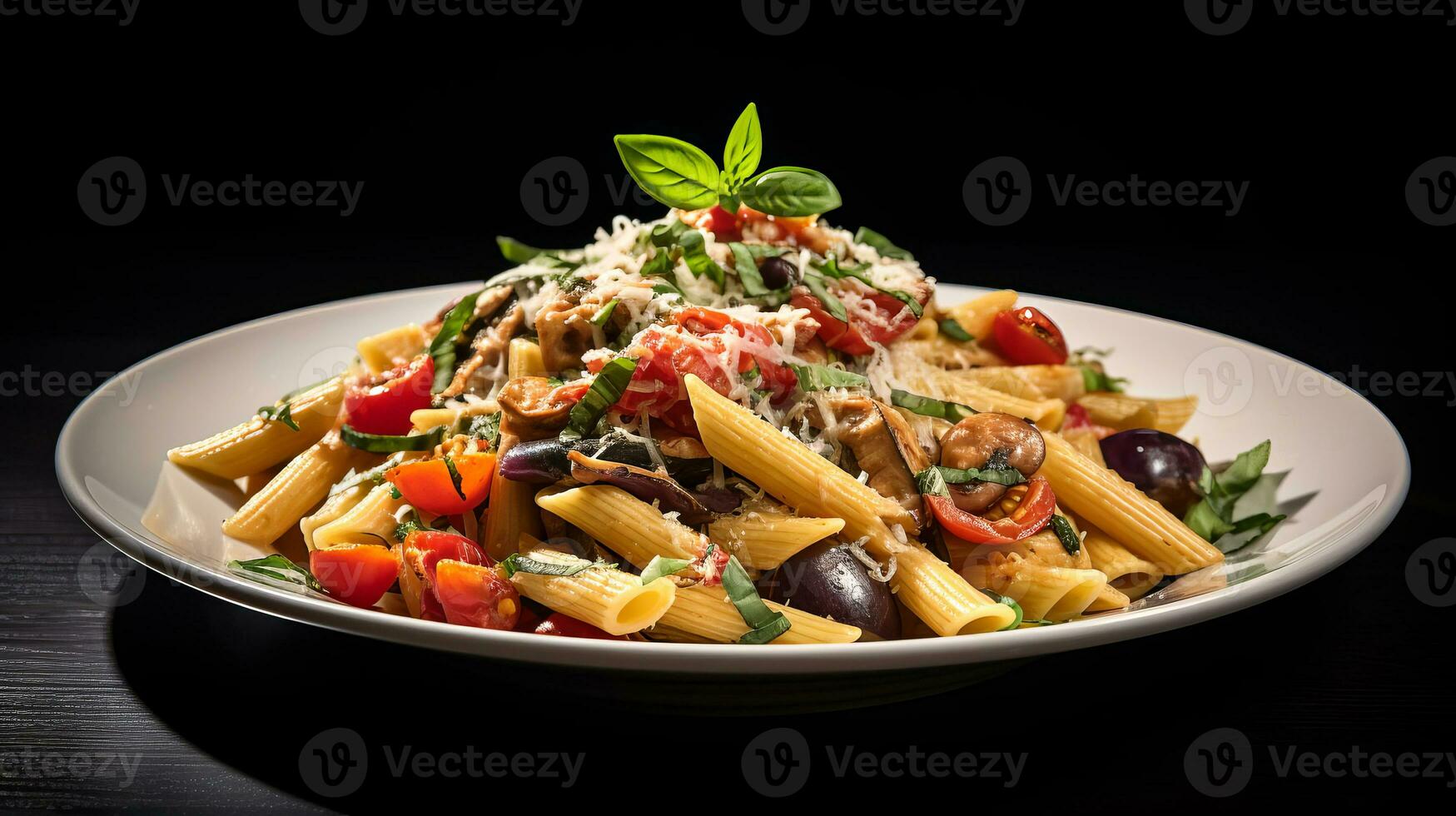 ai genererad en tjänande av sicilian pasta med penne, tonfisk, äggplanta, tomater, parmesan, basilika och vitlök. ai genererad. foto