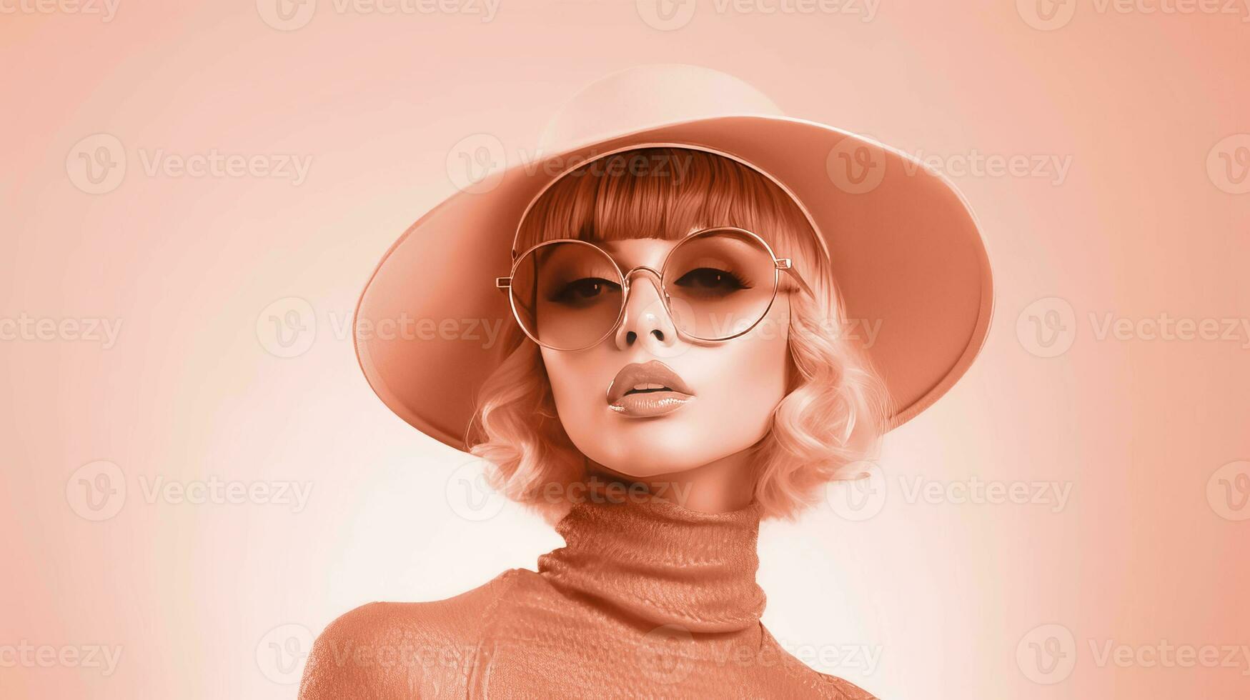 ai genererad kvinna bär en rosa hatt och solglasögon, Färg av de år 2024. ai genererad. foto