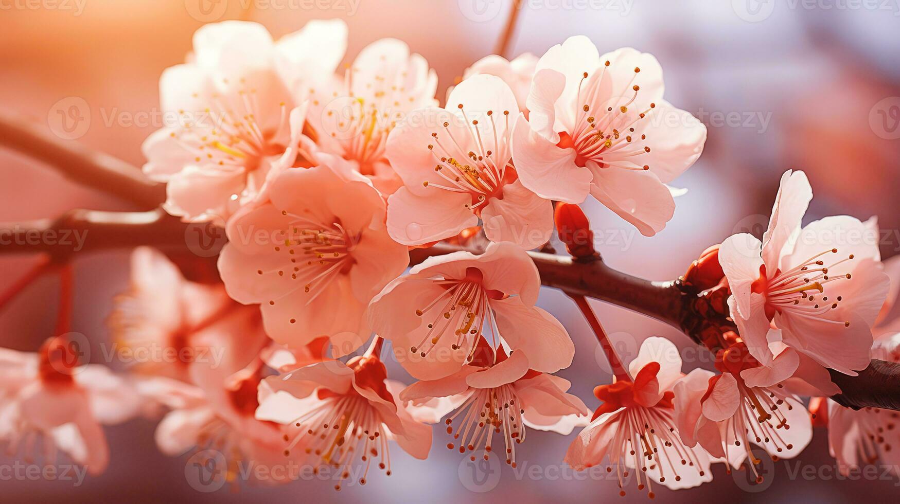 ai genererad sakura blommor under morgon- soluppgång, Färg av de år 2024. ai genererad. foto