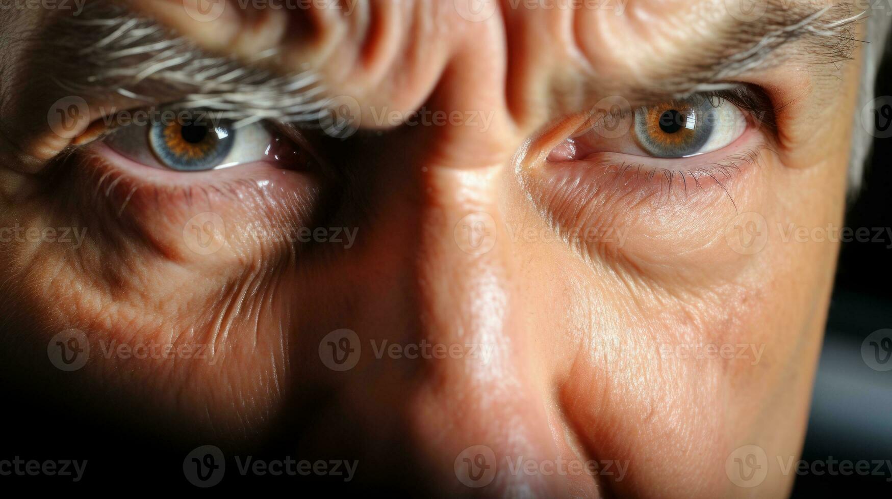 ai genererad närbild av ett äldre mannens ögon, avslöjande visdom och liv upplevelser genom de rynkor och djup av hans blick. generativ ai foto