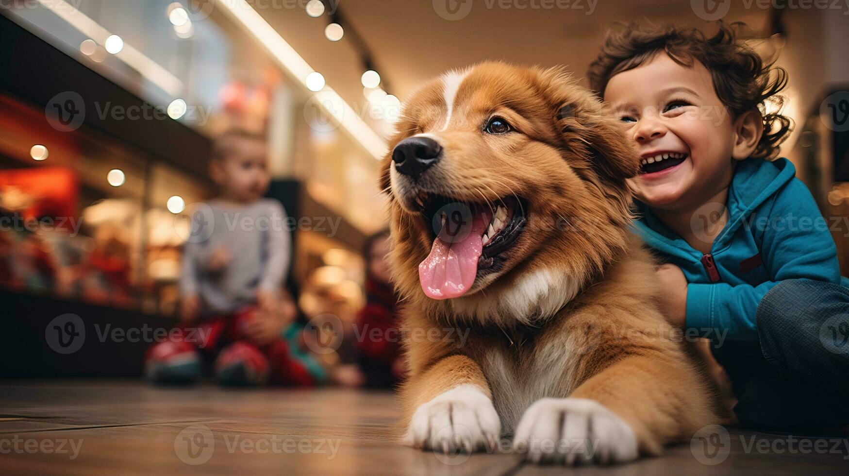 ai genererad de barn gläds med en lekfull hund i de sällskapsdjur Lagra. generativ ai foto