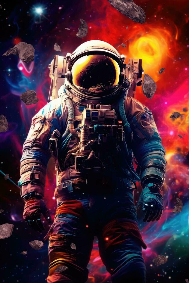 ai genererad astronaut i levande Plats, Utsmyckad med stjärnor, planeter, och expansiv kopia Plats för text foto