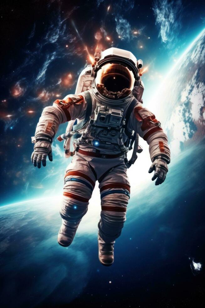 ai genererad vibrerande astronaut i Plats, omgiven förbi kosmisk undrar, erbjudande riklig kopia Plats för text foto