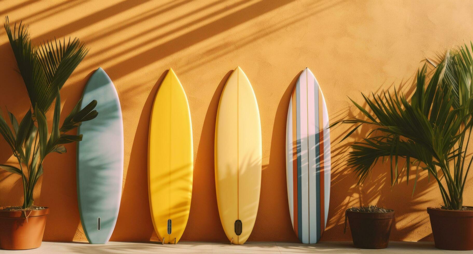 ai genererad tre surfingbrädor mot en gul vägg foto