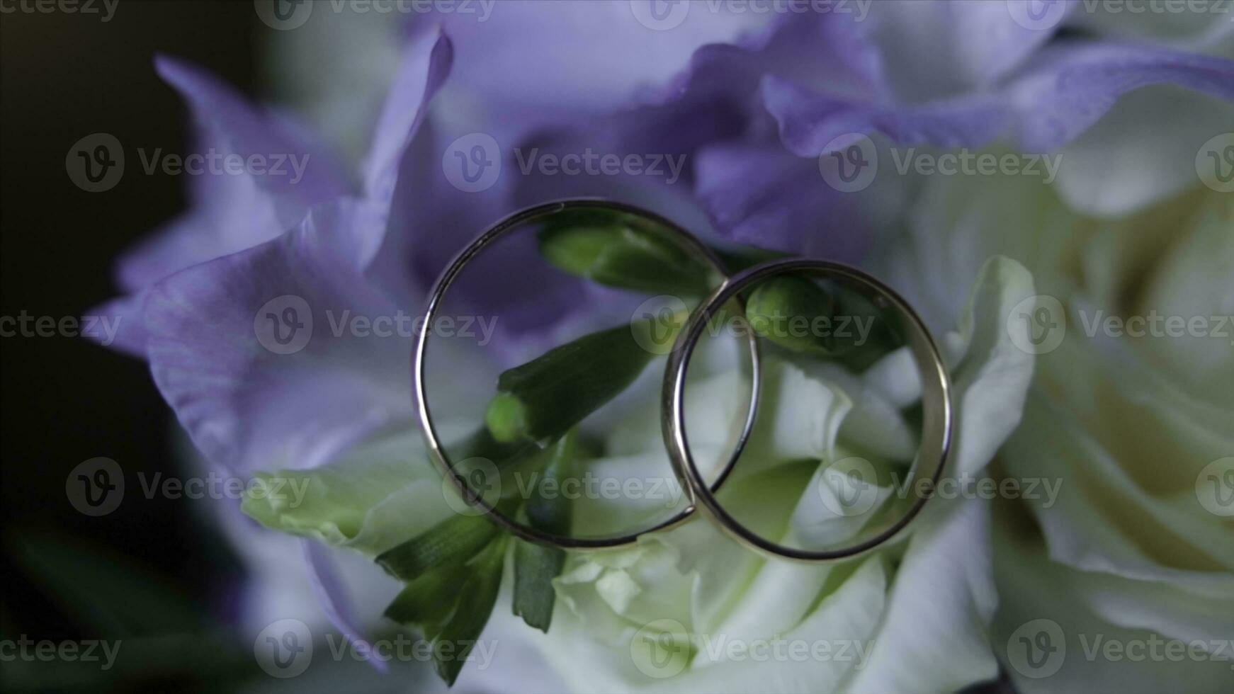 bröllop ringar på en bukett av vit blommor stänga upp. bröllop ringar och bukett av mörk blå blomma. stänga upp. bröllop. selektiv fokus foto