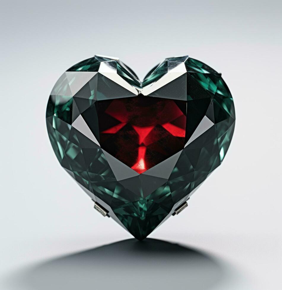 ai genererad hjärta av en diamant, av mörk smaragd- och röd foto