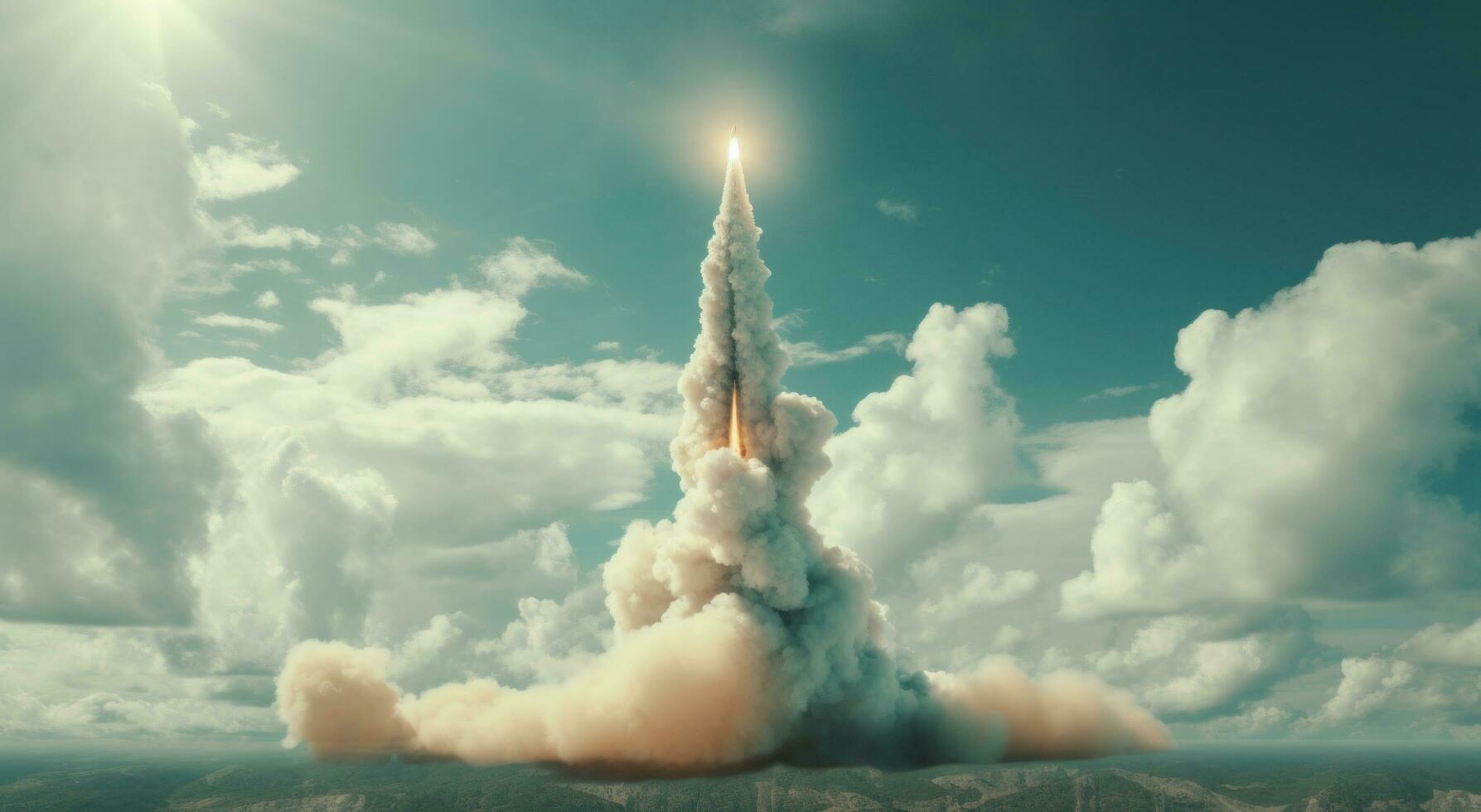 ai genererad där är en raket den där lansera i främre av en moln foto