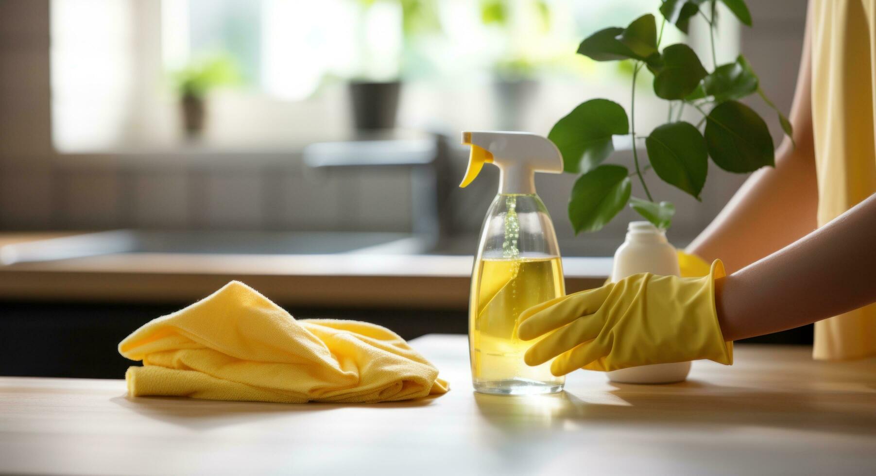 ai genererad person är innehav gul handskar medan rengöring de kök bänkskivan foto