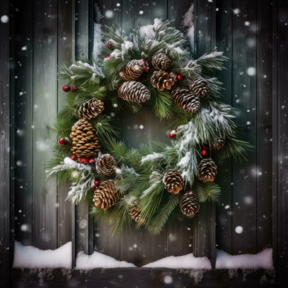 ai genererad en skön jul krans hängande på en rustik trä- dörr foto