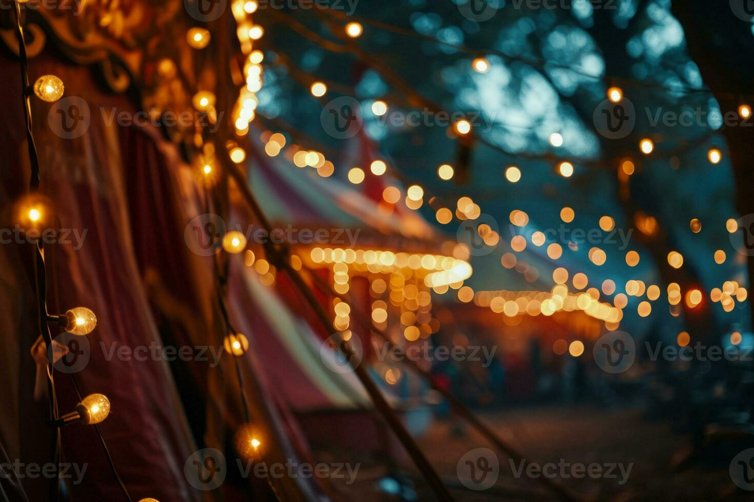 ai genererad del av cirkus tält med illumination lampor på natt. foto